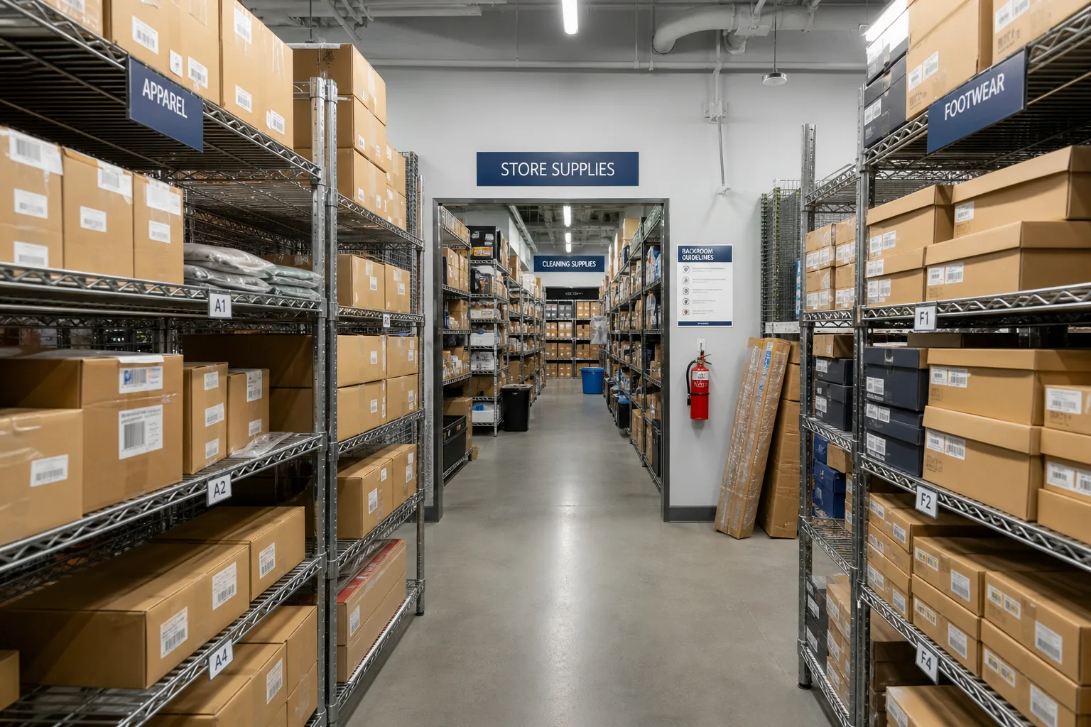 Retail backroom shelving divided into clearly labelled sections and zones with boxes on each level