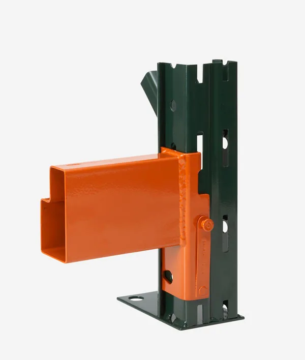 Roll-formed pallet rack beam hooked into a slotted column with a safety lock — Ridg-U-Rak example