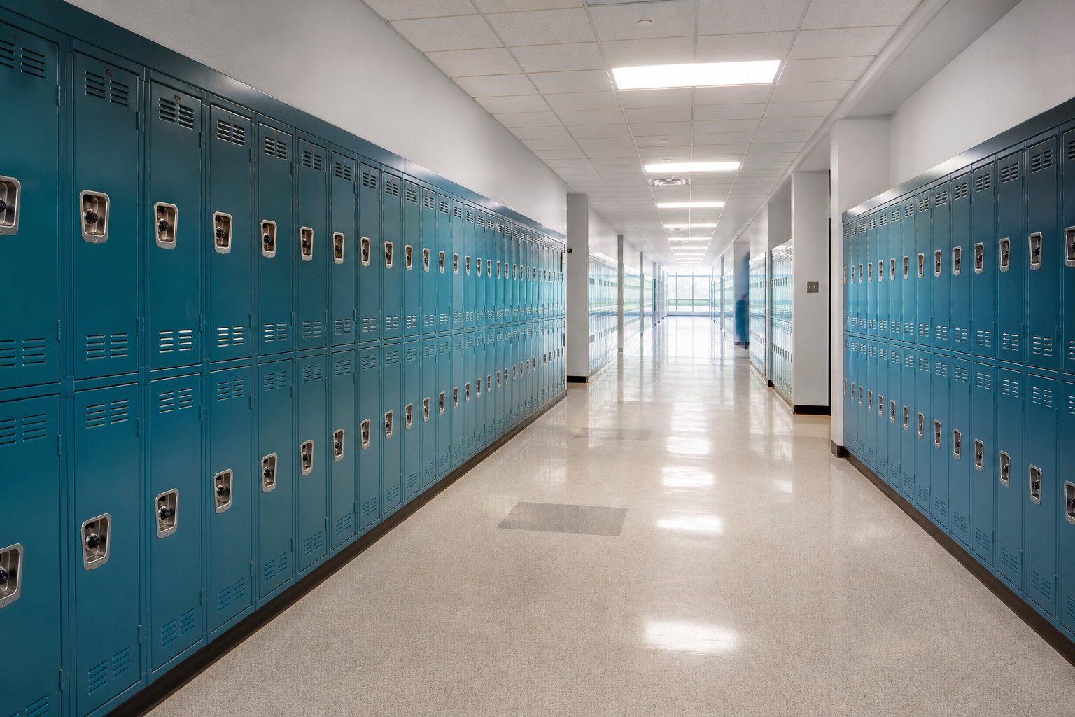 School hallway lined with tall painted steel corridor lockers with recessed latch pockets