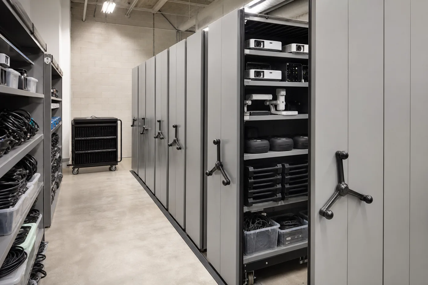 District technology storage room with projectors, charging carts and audio visual equipment on high-density mobile shelving