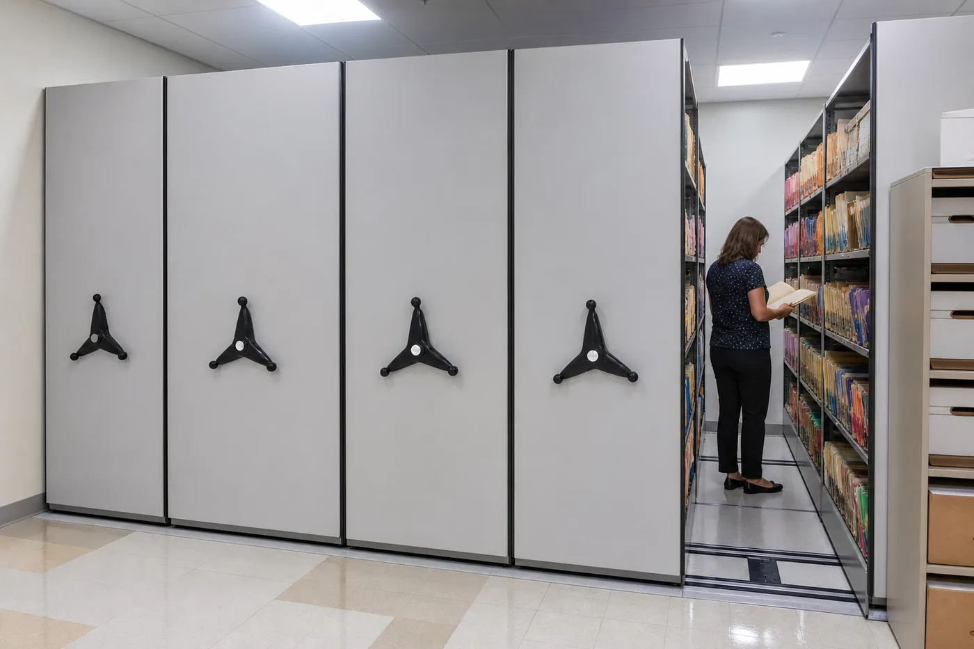 High-density mobile shelving storing boxed records in a school office