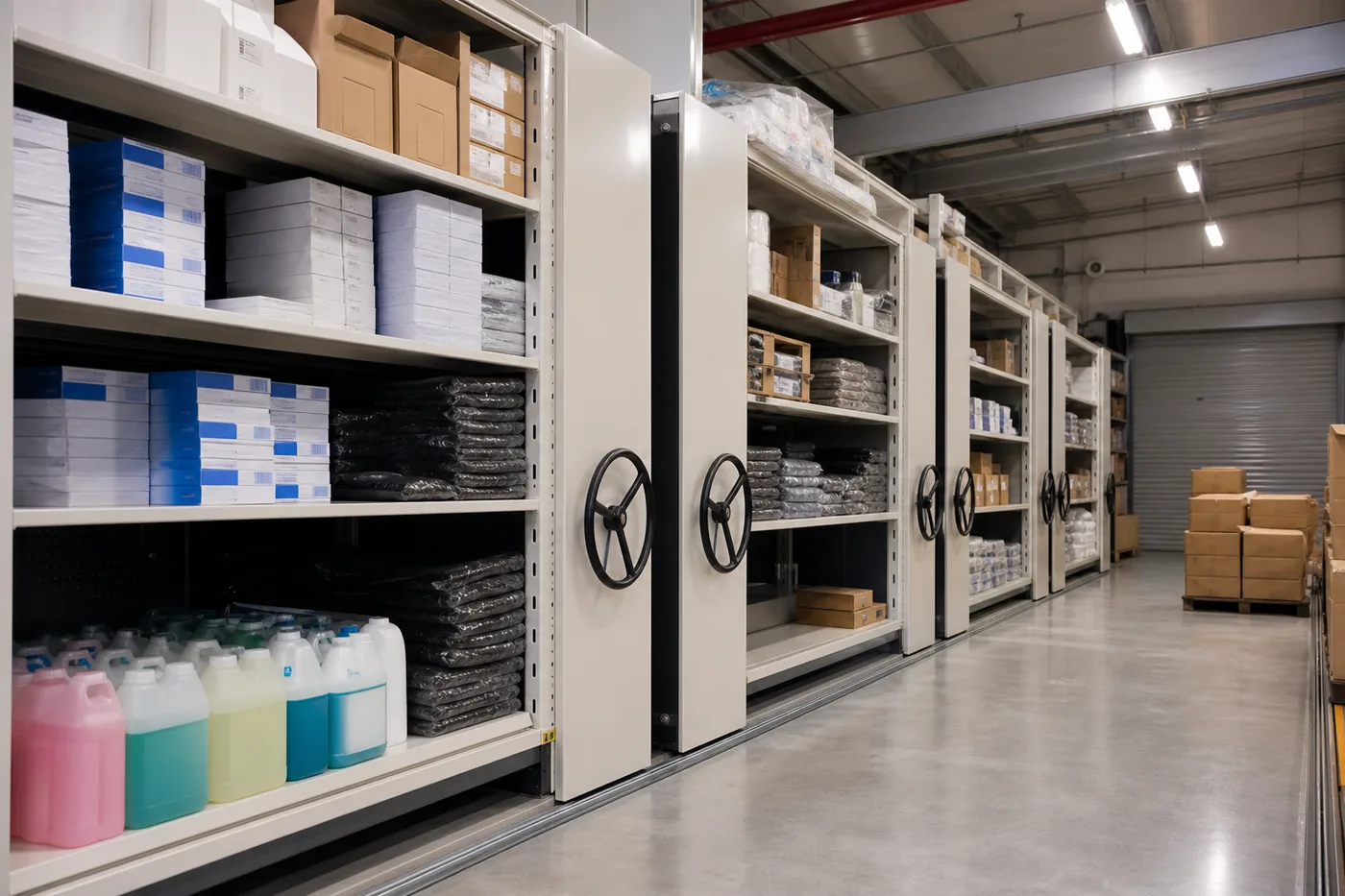 School district central supply room with cases of paper, office supplies and custodial stock on high-density mobile shelving