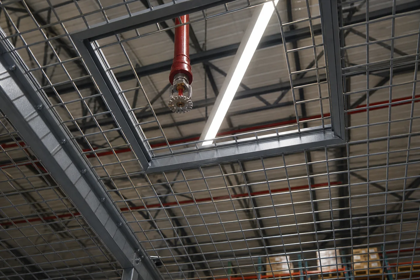 Wire mesh cage ceiling panel with a framed cutout around a fire sprinkler head