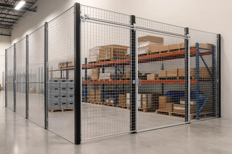 Welded wire security cage enclosing palletized stock in a warehouse