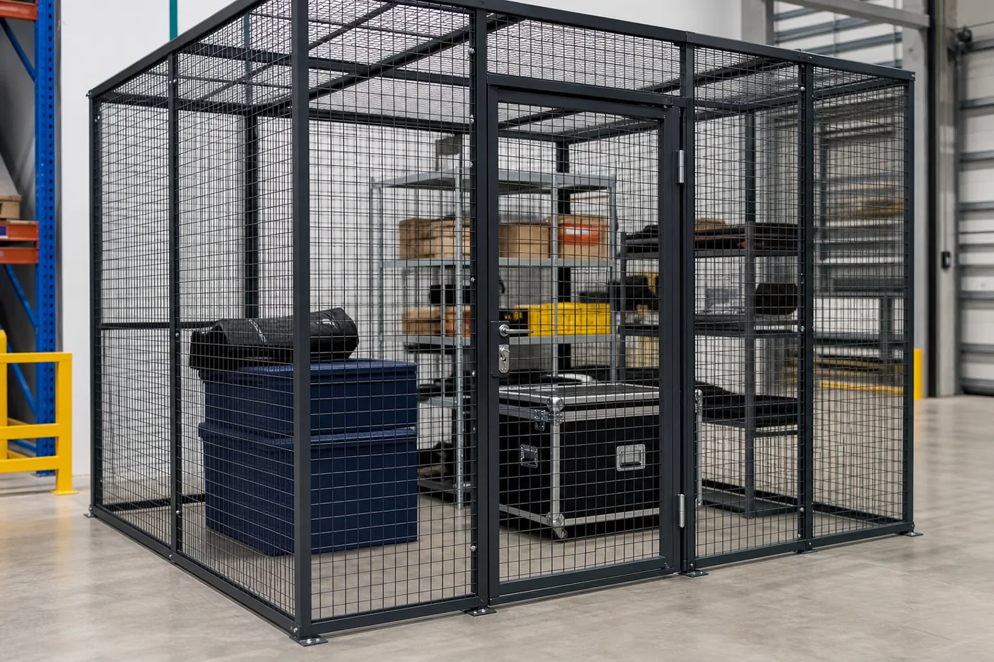 Welded wire security enclosure holding cases and portable equipment in a shop