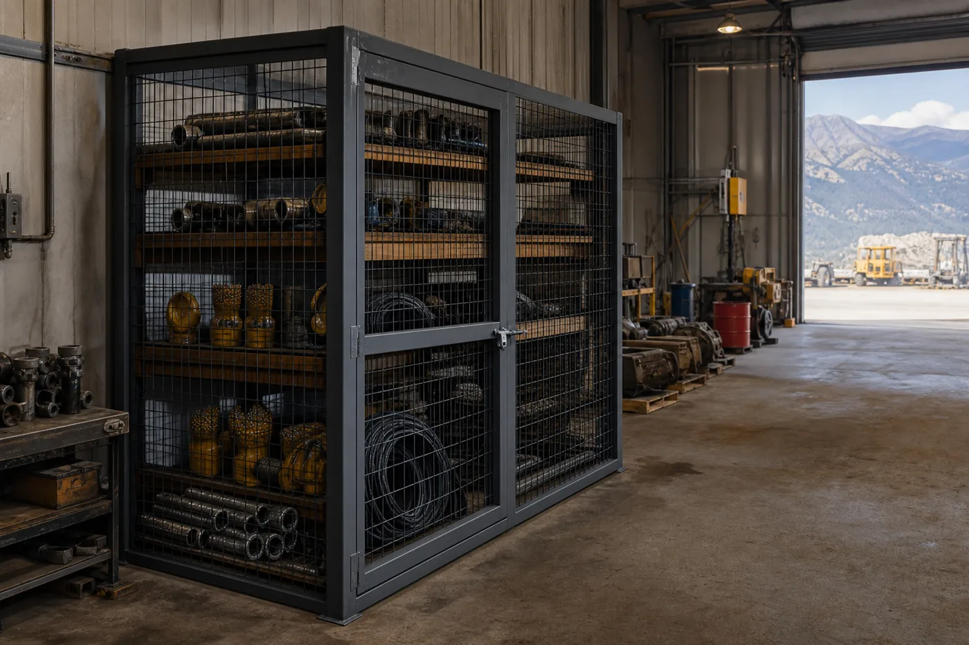 Welded wire parts storage enclosure with shelving inside an industrial shop bay
