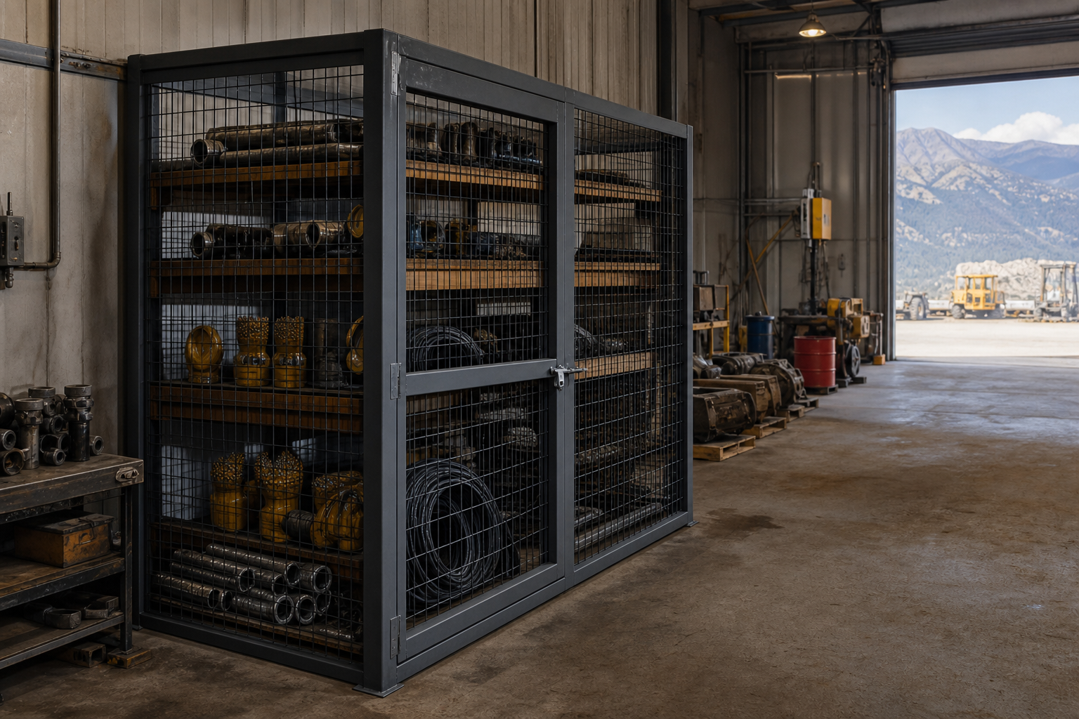 Welded wire parts storage cage inside a maintenance shop with the yard visible through the open door