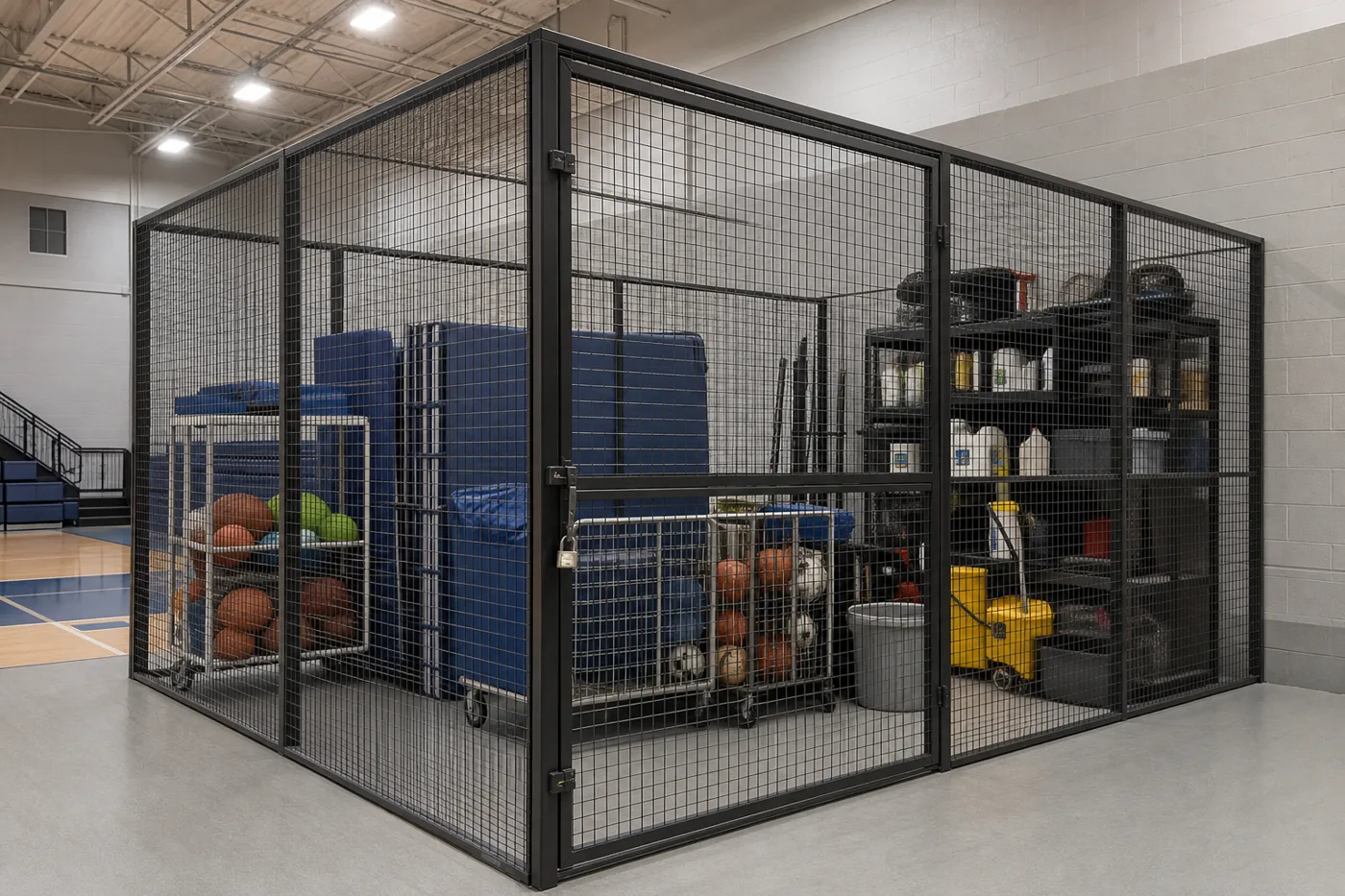 Wire mesh storage cage enclosing athletic equipment and facility supplies in a school district building