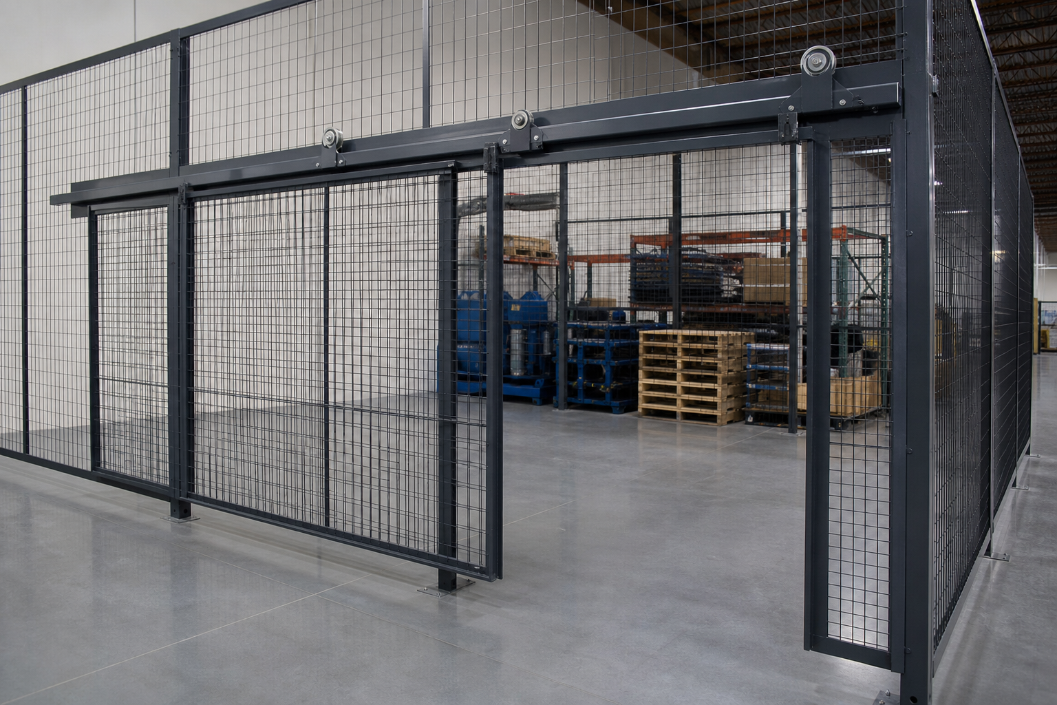 Wire mesh enclosure with an overhead-track sliding door in a clean interior space