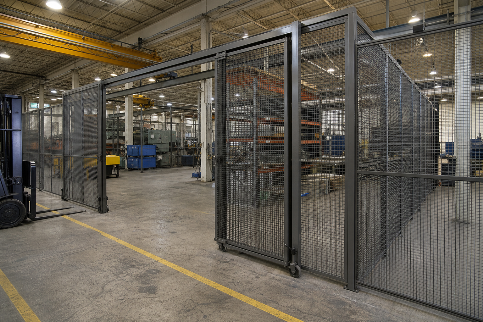 Wire mesh security enclosure separating a controlled storage area from an active manufacturing floor