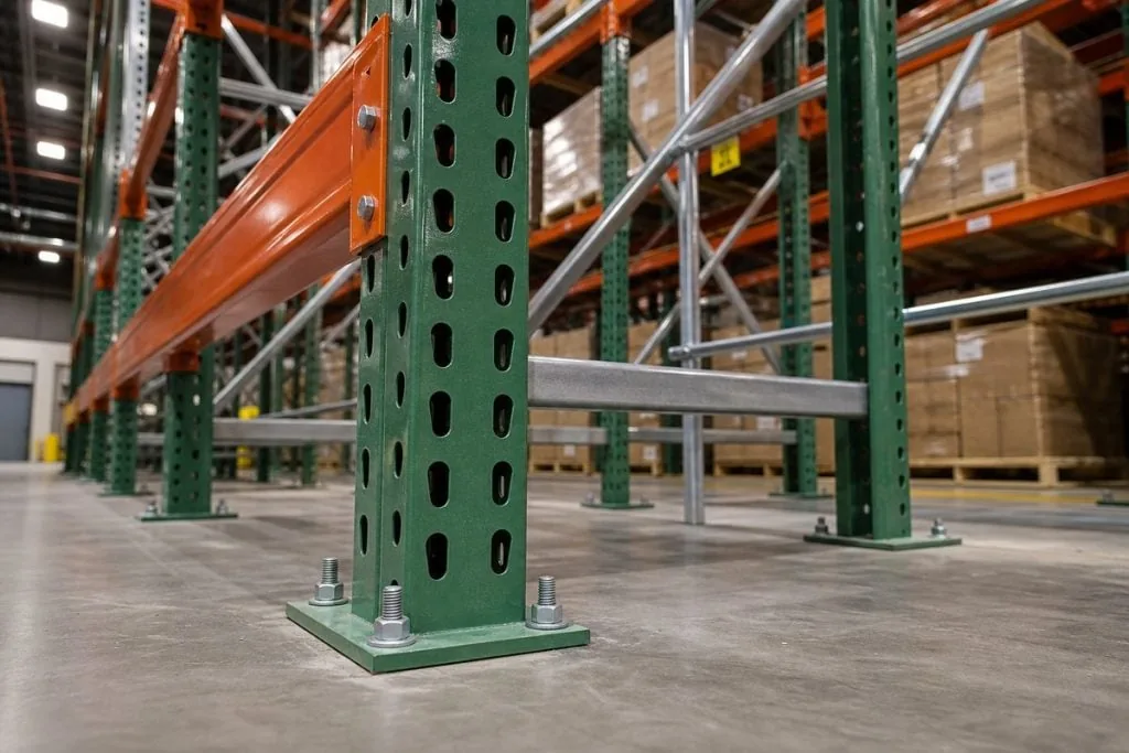Pallet rack base plate anchored to a concrete slab for seismic resistance