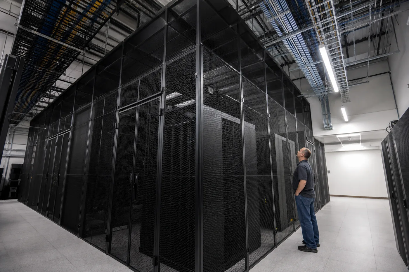 Row of black welded wire data center security cages enclosing customer cabinets in a colocation hall