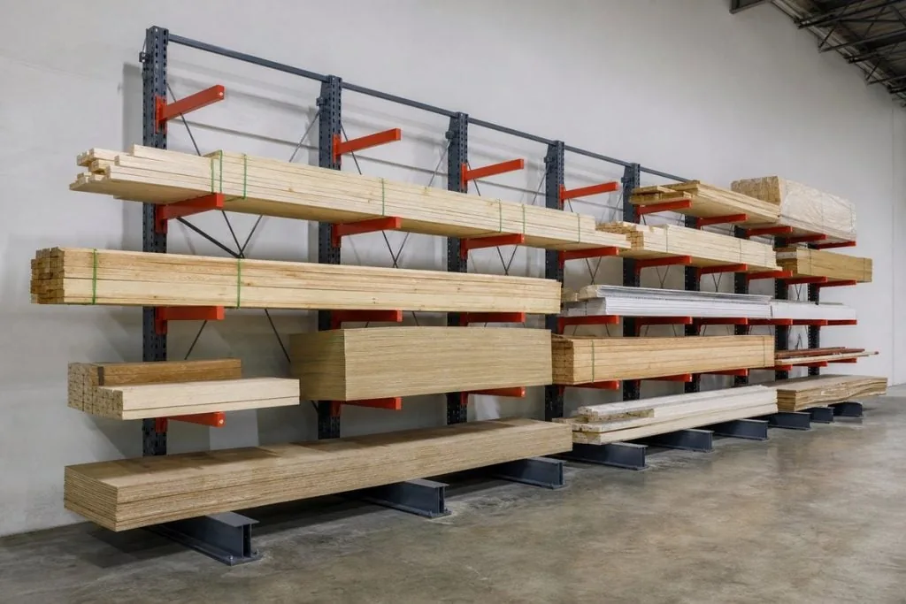 Single-sided cantilever rack loaded with banded dimensional lumber along a warehouse wall