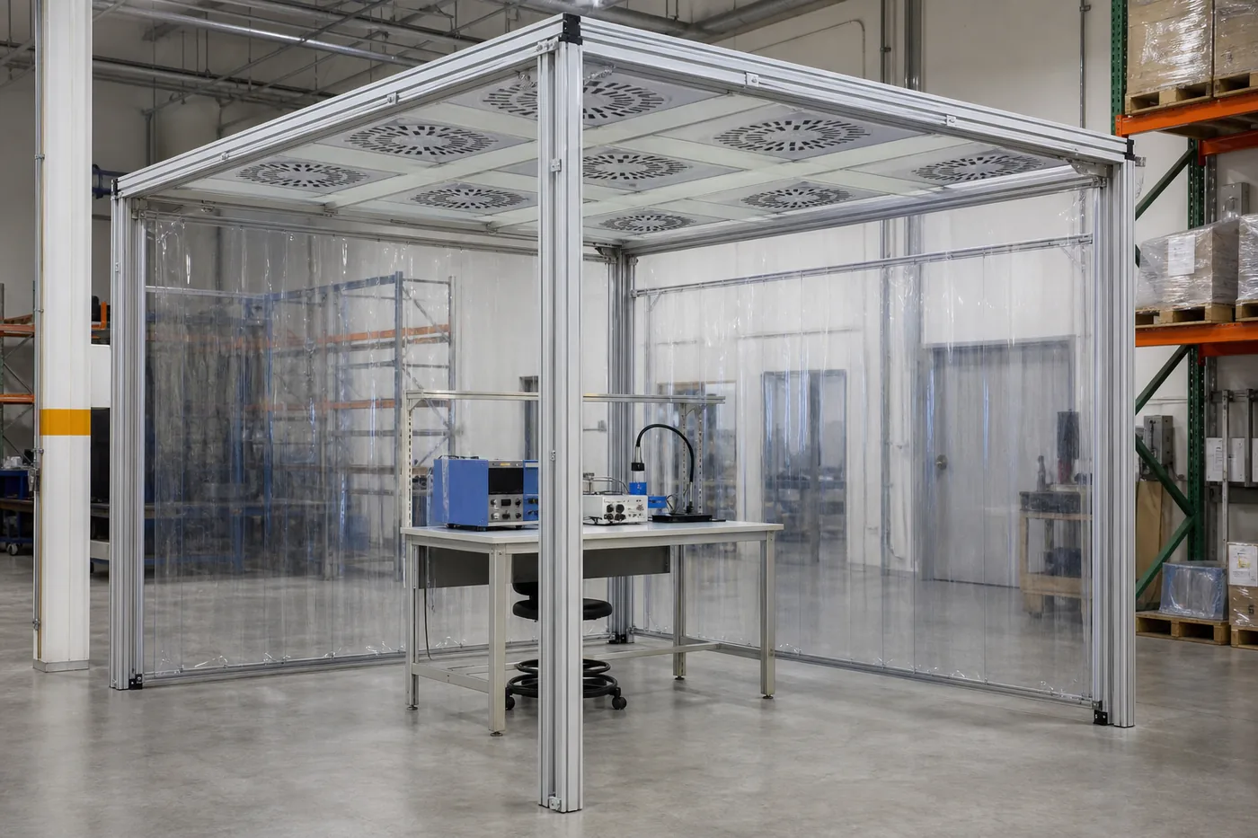 Softwall modular cleanroom enclosure with fan filter units in the ceiling frame on a plant floor