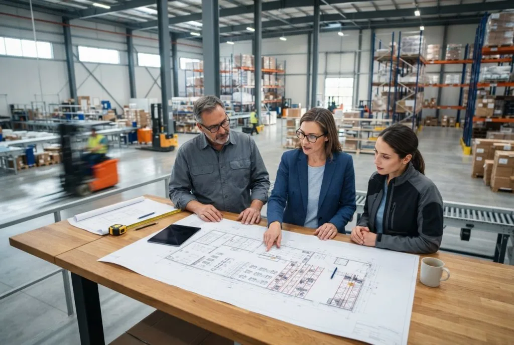 MH-USA warehouse space planning specialists reviewing a facility layout
