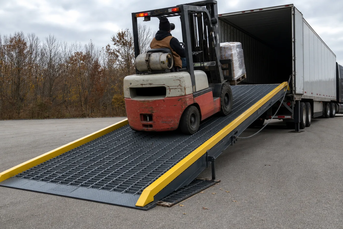 Forklift driving a loaded pallet up a steel yard ramp with serrated grating into a trailer