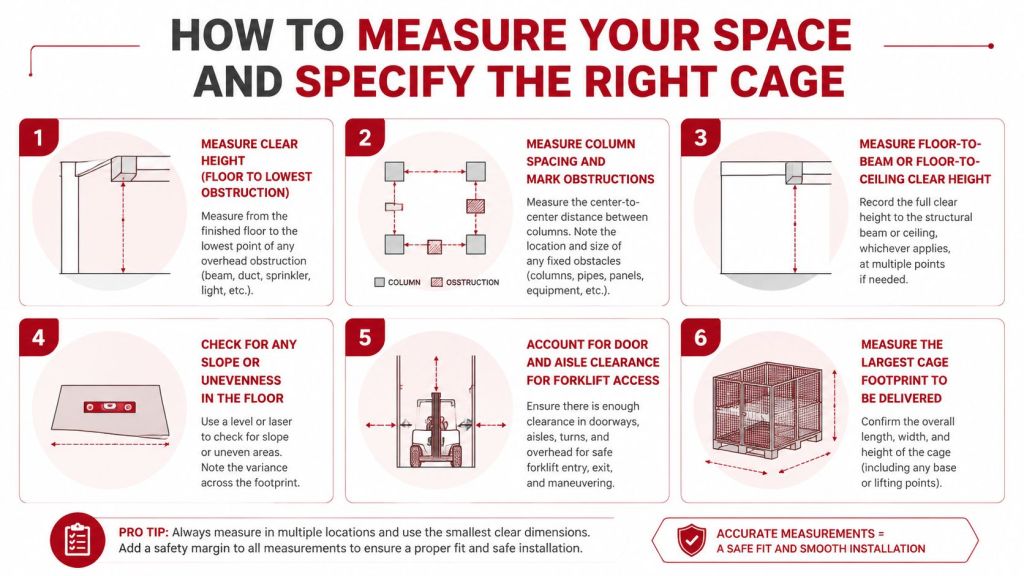 A six-step guide infographic showing how to measure warehouse space and select the correct storage cage dimensions.