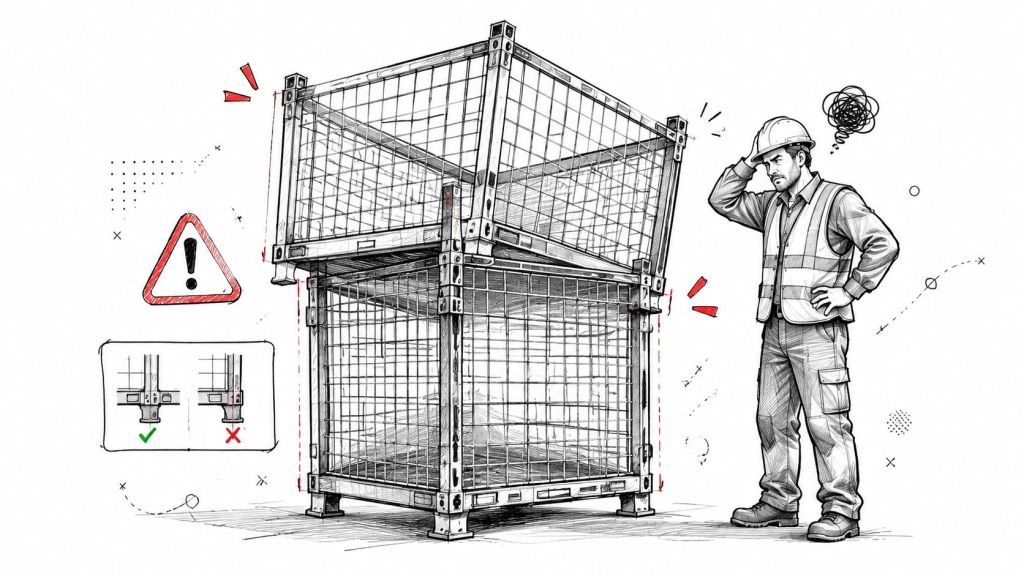 A construction worker looking concerned at two stacked wire storage cages that are improperly aligned.