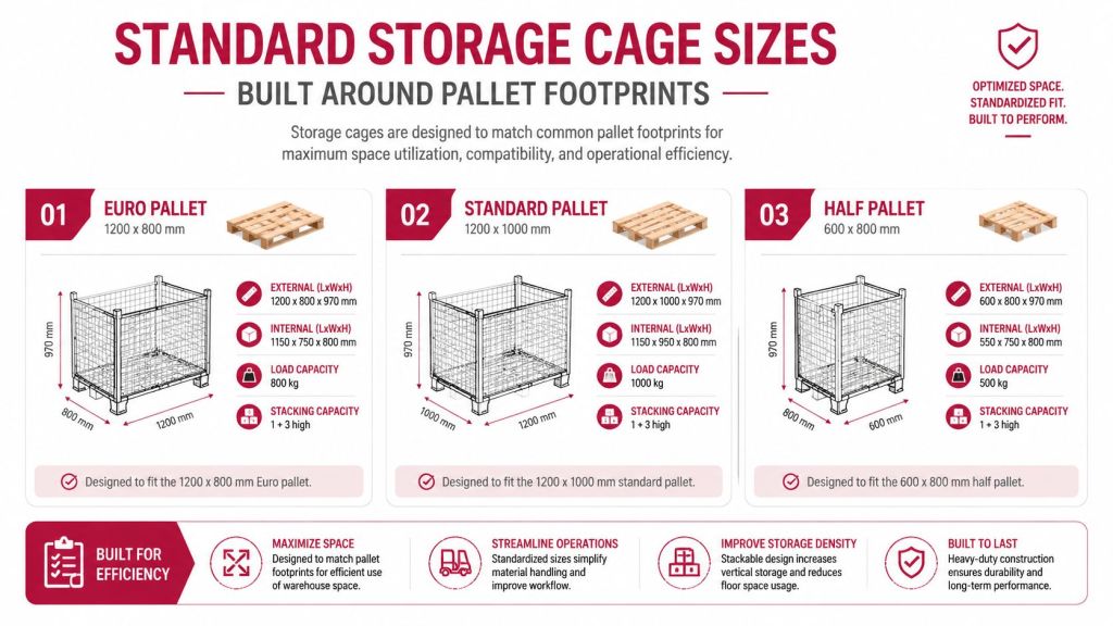 An infographic detailing dimensions, capacities, and stacking specifications for three standard industrial storage cage sizes.