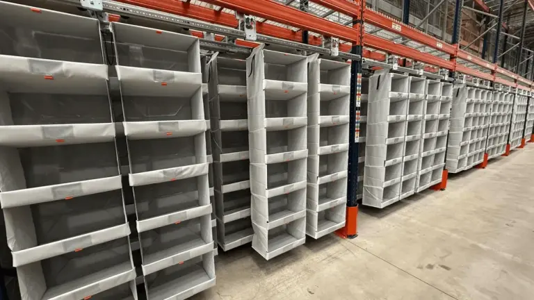 High-density Storeganizer pick faces filling a run of pallet rack bays