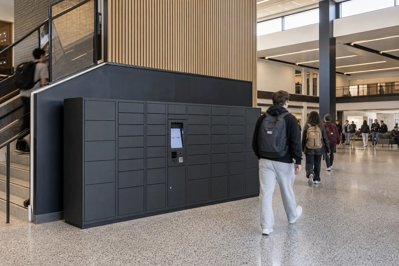Bank of electronic parcel lockers with a touchscreen kiosk