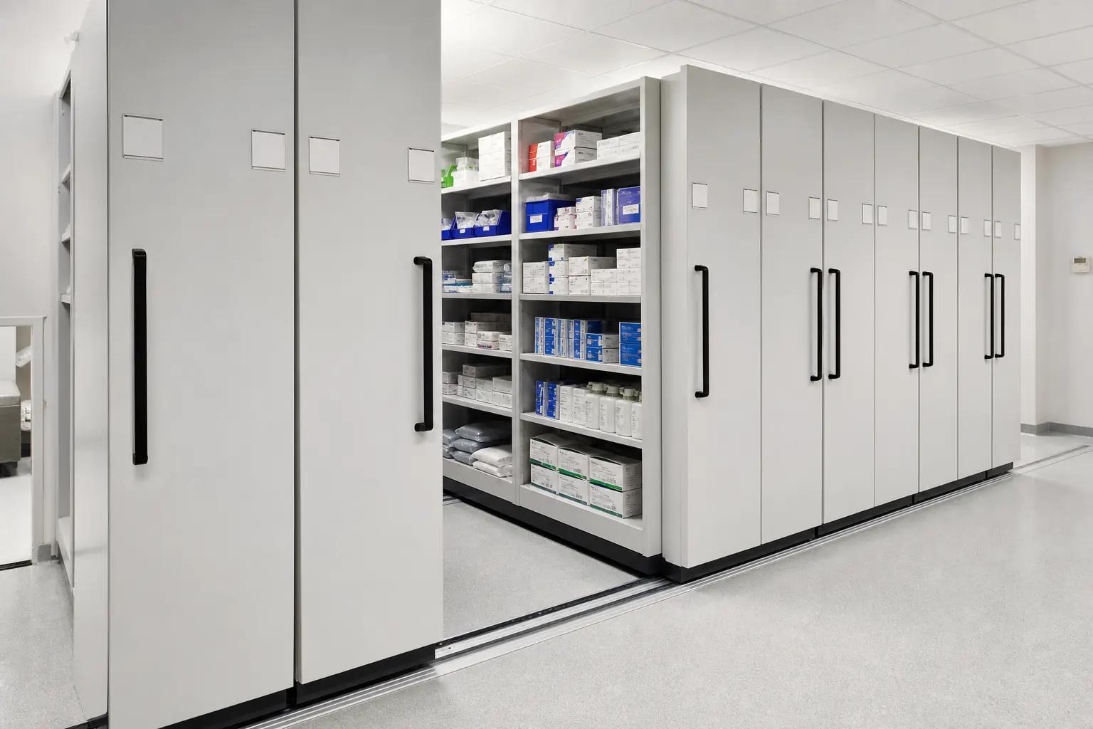 Low-profile manual mobile shelving with open shelves positioned below laboratory building services