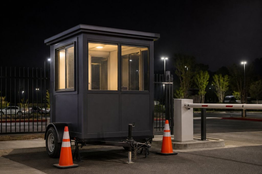 Trailer mounted guard booth lit at night at a gated event parking entrance