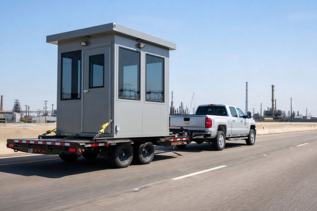 Guard shack mounted on a trailer being towed on a highway behind a heavy-duty pickup