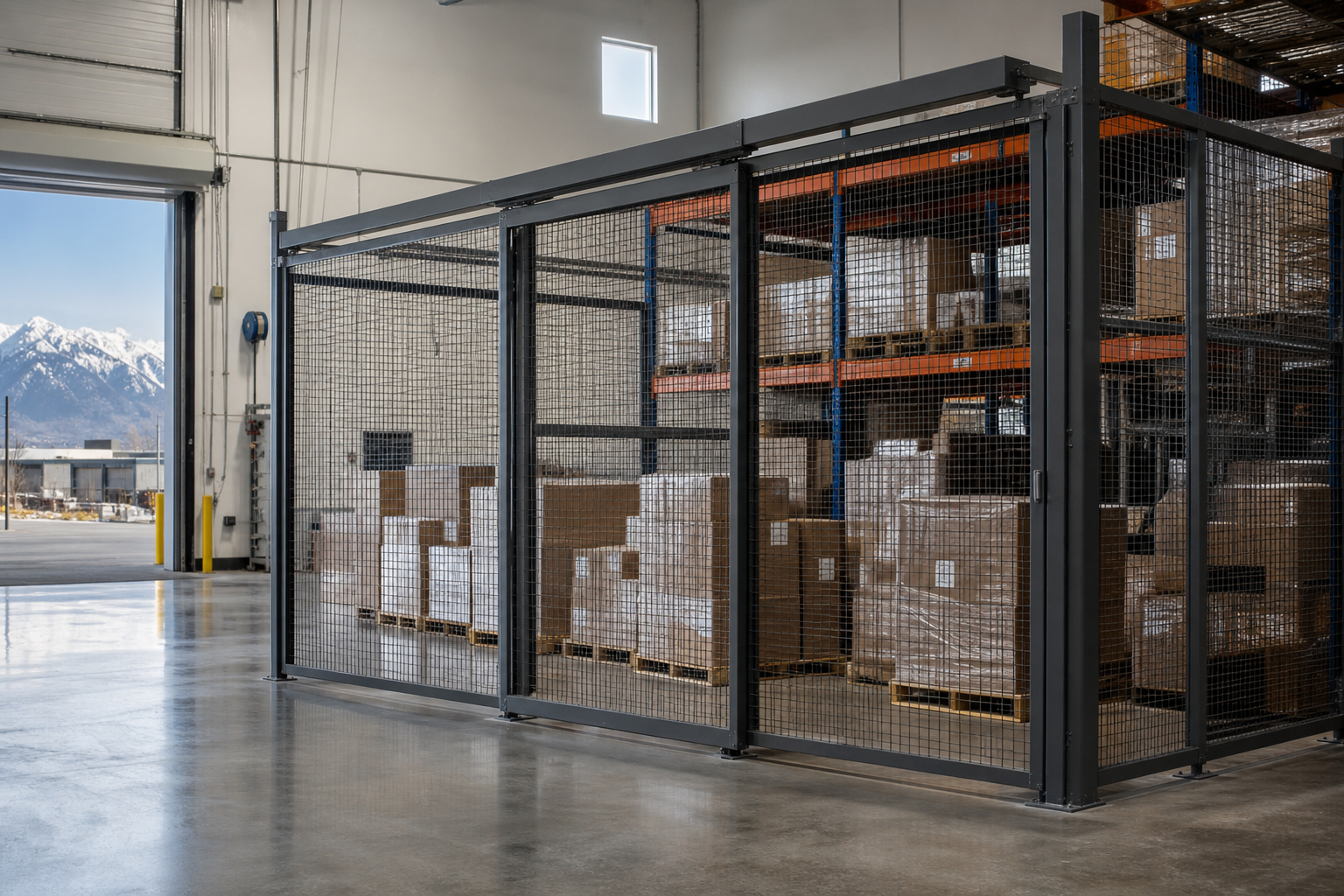 Welded wire mesh security cage enclosing high-value inventory inside a Utah distribution warehouse