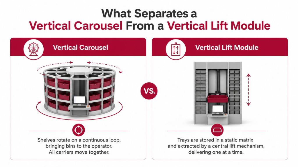 Mechanical comparison of a vertical carousel and vertical lift module