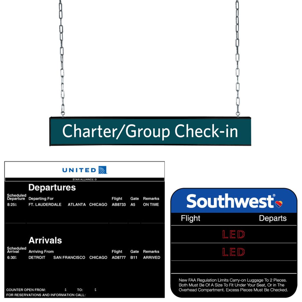 Visiontron airport flight information boards with manual inserts and LED gate displays