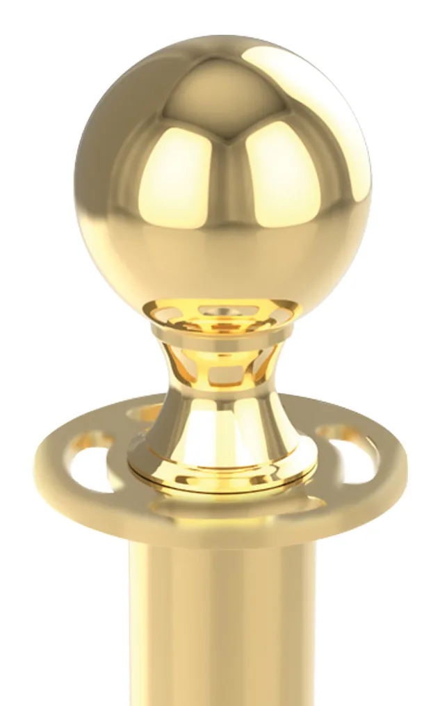 Visiontron Classic ball top post cap in polished brass above the cast rope ring