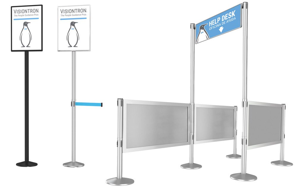 Visiontron queue line combining post-top signage, freestanding sign posts and retractable belts