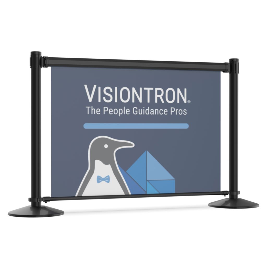 Visiontron RETRACTA-BANNER large format retractable graphic panel mounted between stanchions