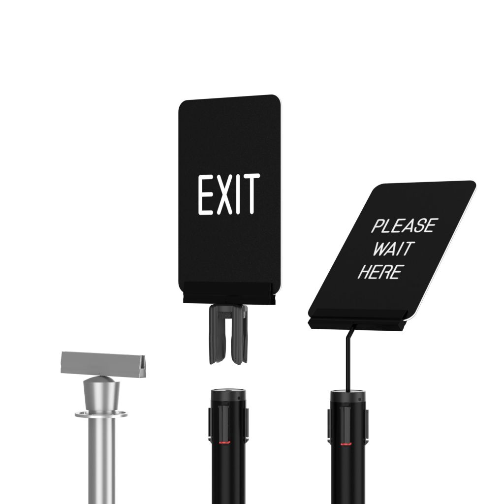 Visiontron stanchion sign brackets gripping engraved ColorCore signs in black and chrome