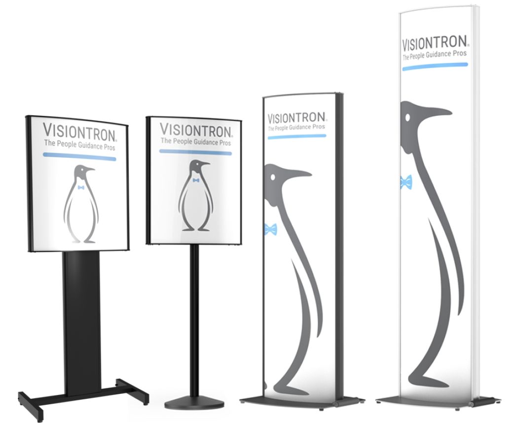 The Visiontron VERSA-STAND family of freestanding sign posts, sign stands and sign towers side by side