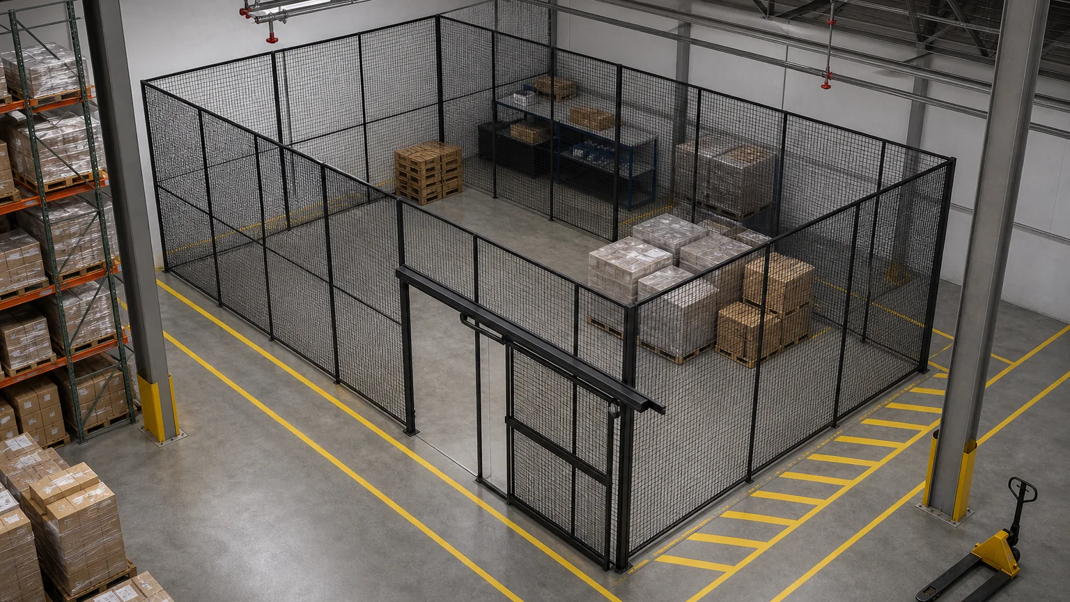 Top down warehouse security cage layout showing a gate, travel lanes, pallet racks, columns, lights, and sprinklers