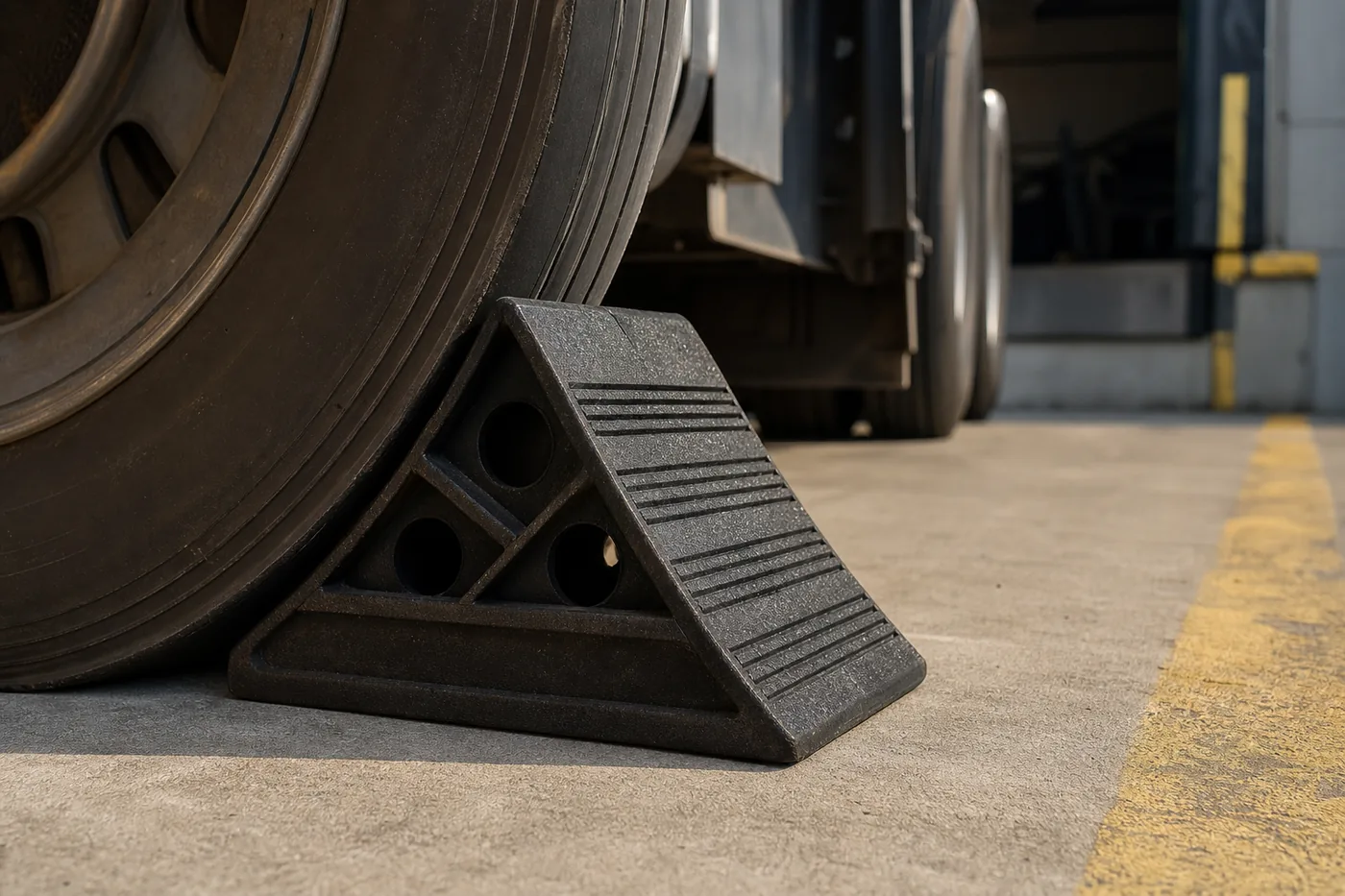 Rubber wheel chock set against a semi trailer tire at a loading dock