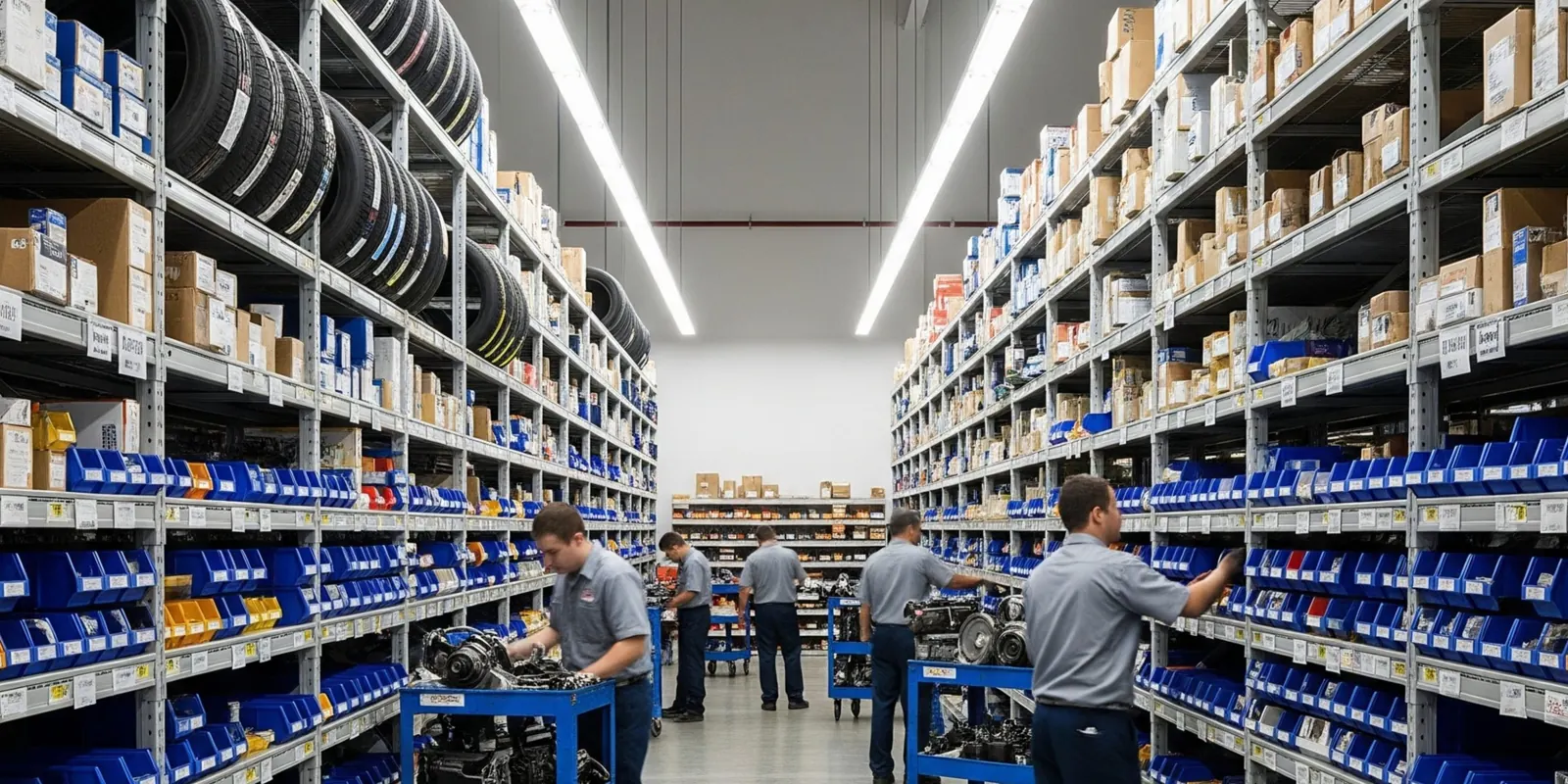 Dealership parts department with long shelving runs, bins and staff picking orders in the aisles