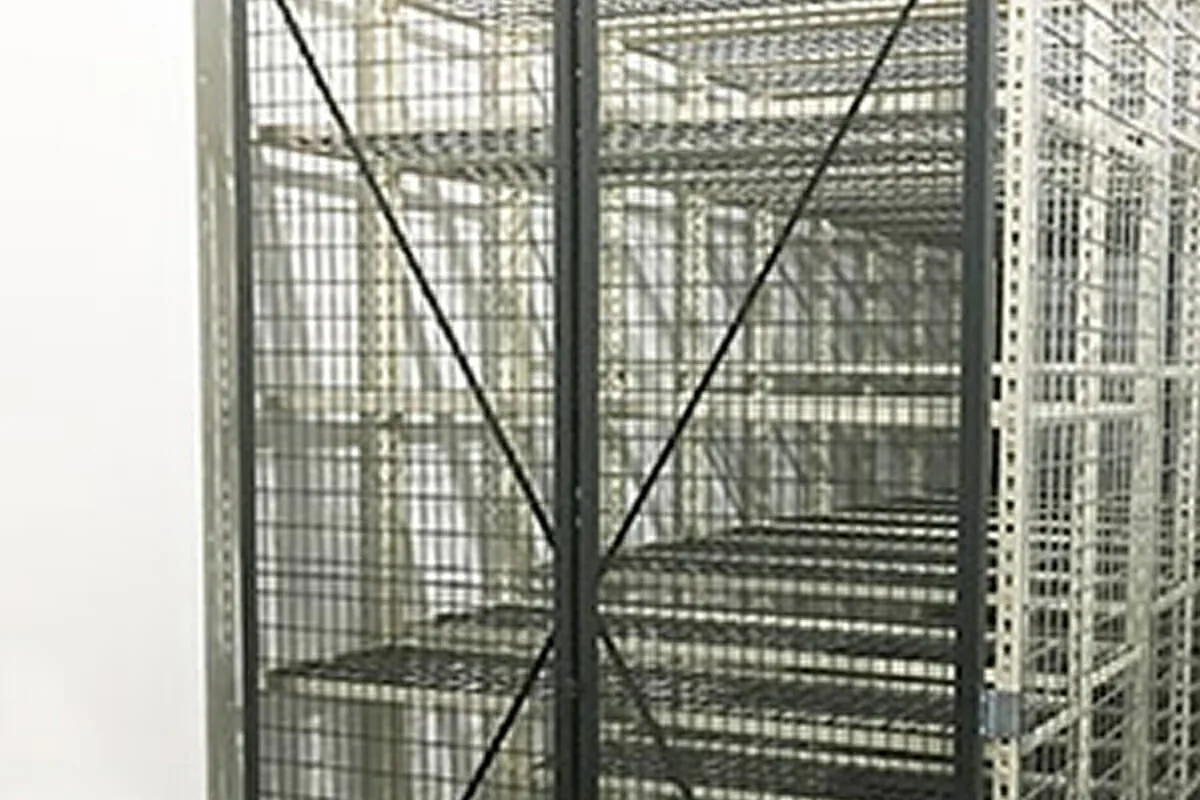 Wire mesh security storage unit protecting high-value inventory in a stockroom