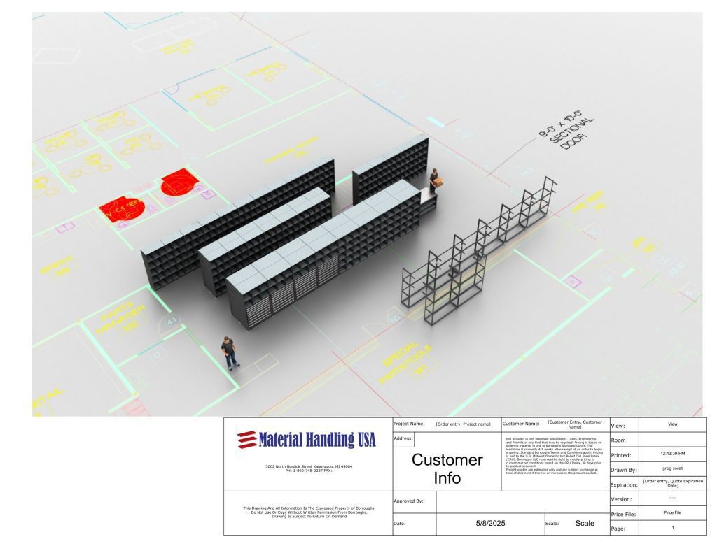 Three-dimensional shelving layout drawing produced for a parts department storage project