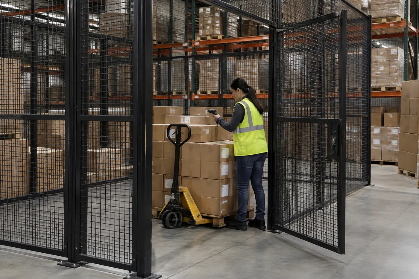 Warehouse associate in a safety vest scanning cartons on a pallet jack inside an open black wire mesh cage door