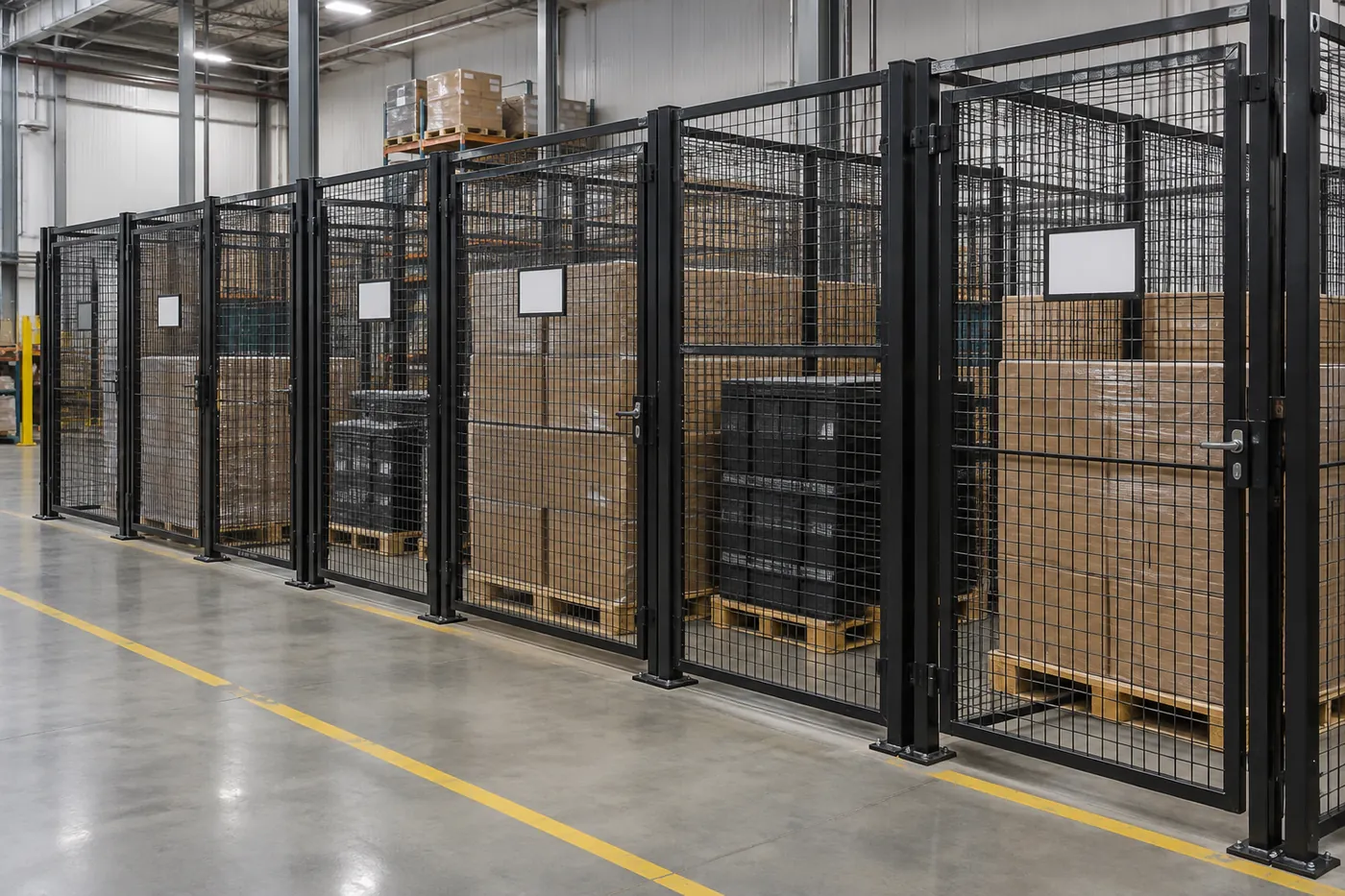 Adjoining black wire mesh storage cages of different widths along a warehouse aisle, each with its own mesh door and pallets of cartons inside