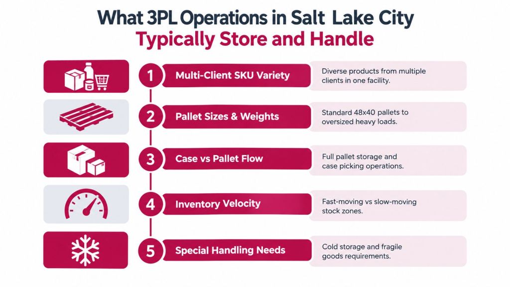 An infographic titled What 3PL Operations in Salt Lake City Typically Store and Handle with five points.