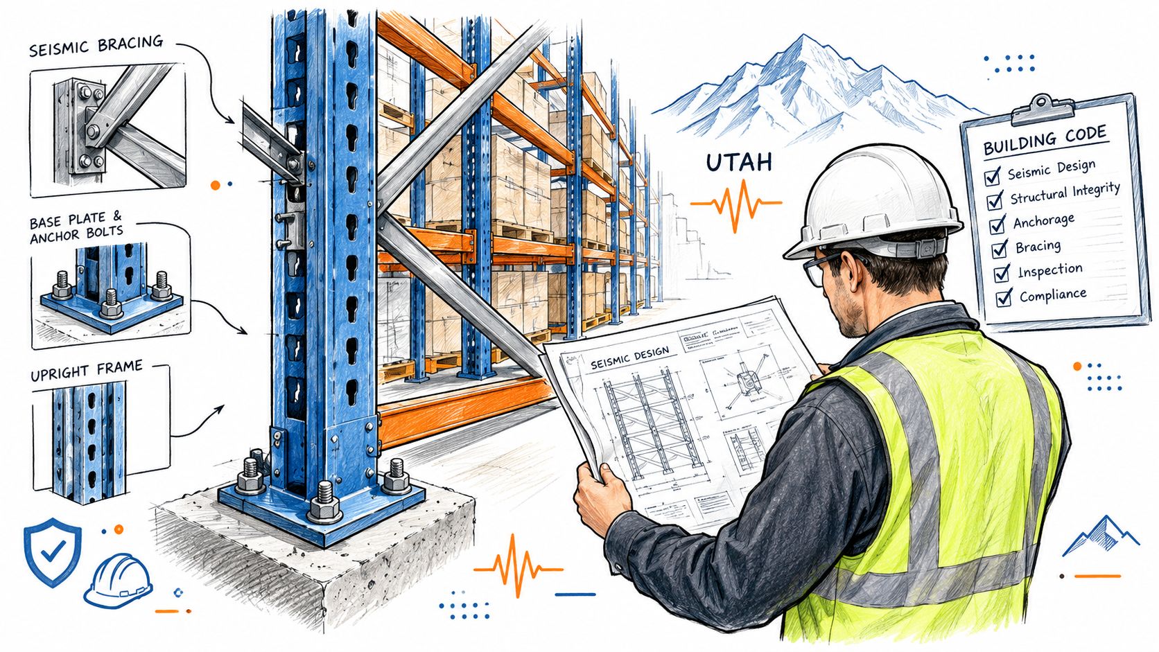 A construction engineer reviewing seismic design plans for a warehouse racking system in Utah.