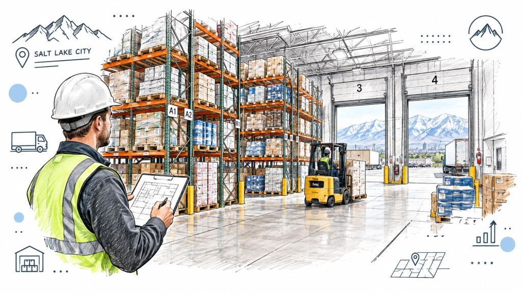 A logistics professional reviewing a warehouse layout in front of racking units in Salt Lake City.