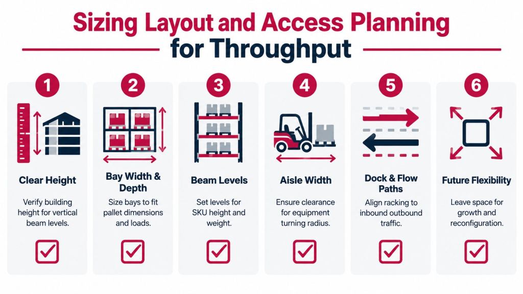 An infographic showing six steps for sizing warehouse layout and access planning to improve operational throughput.