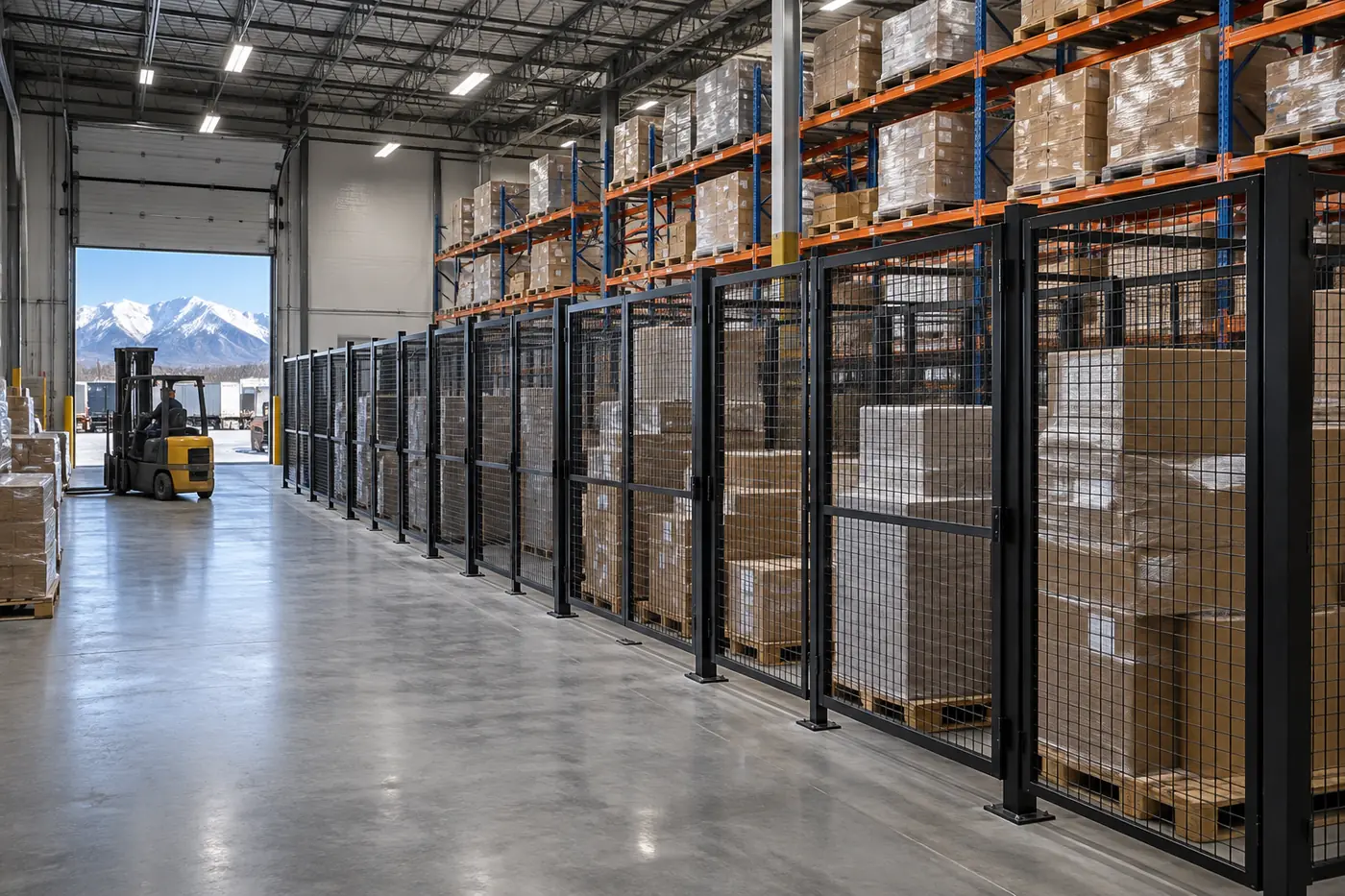 Row of black wire mesh security cages holding separate client pallets in a 3PL distribution warehouse, pallet racking above and snow-capped mountains through the dock door