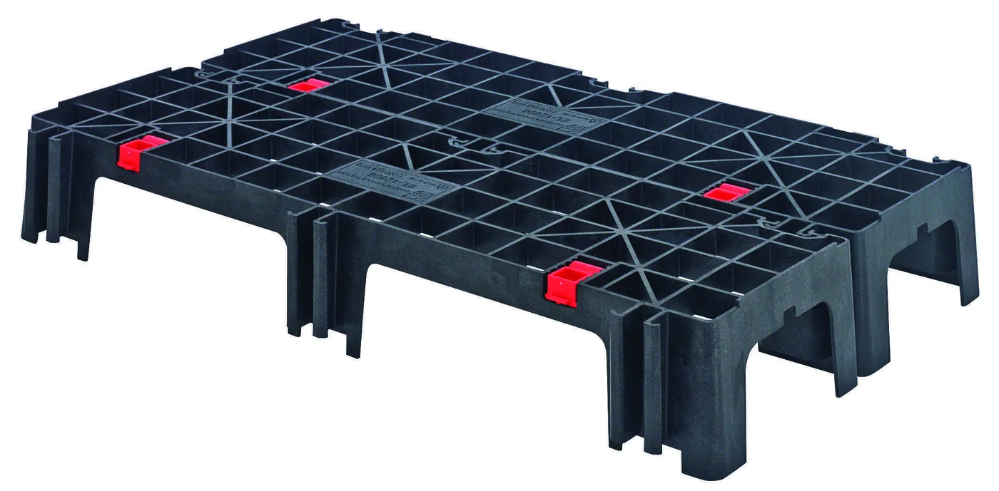 Quantum Ez Lock Dunnage Platform Rack And Pallet, Ventilated, 40″W X 12″D X 6″H, 2500 Lb. Capacity, Locking System, Black High Density Polyethylene, NSF, Made In USA