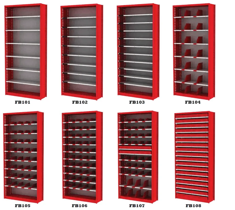 Borroughs diagram of the eight preconfigured Flexi-Bin units FB101 through FB108 in red frames